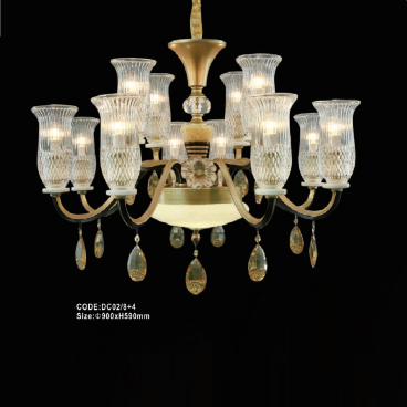 CODE: DC02/8+4: Đèn chùm 12 tay chao thủy tinh - KT: Ø900mm x H590mm - Bóng đèn E14 x 12 bóng