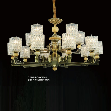 CODE: DC09/10+5: Đèn chùm 15 tay, chao thủy tinh - KT: Ø950mm x H640mm - Bóng đèn E14 x 15 bóng