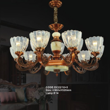 CODE: DC22/10+5: Đèn chùm 15 tay chao thủy tinh - KT: Ø960mm x H520mm - Bóng đèn E14 x 15 bóng