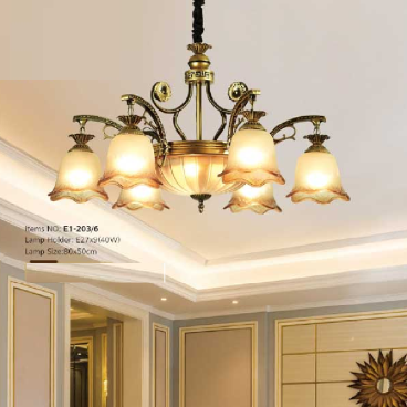 E1 - 203/6: Đèn chùm 6 tay - KT: Ø800mm x H500mm - Bóng đèn chân E27 x 9 bóng