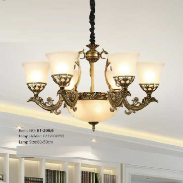 E1 - 206/6: Đèn chùm 6 tay chao thủy tinh - KT: Ø800mm x H500mm - Bóng đèn chân E27 x 9 bóng