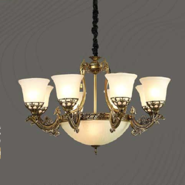 E1 - 207/8: Đèn chùm 8 tay, chao thủy tinh -  KT: Ø900mm x H520mm - Đèn chân E27 x 11 bóng