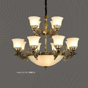 E1 - 208/12: Đèn chùm 12 tay, chao thủy tinh -  KT: Ø1000mm x H800mm - Bóng đèn chân E27 x 15 bóng