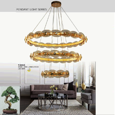 EU  - T - 6243/3: Đèn thả vòng 3 vòng LED - KT: Ø(1040+880+480)mm x H1000mm - Đèn LED 200W đổi 3 màu