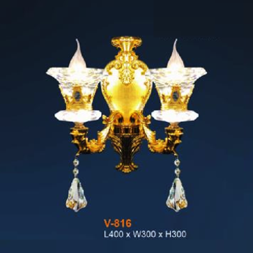 E - V - 816: Đèn vách nến đôi, chao Phale K9 - KT: L400mm x W300mm x H300mm - Đèn chân E14 x 2 bóng