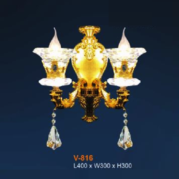E - V - 816: Đèn vách nến đôi, chao Phale K9 - KT: L400mm x W300mm x H300mm - Đèn chân E14 x 2 bóng