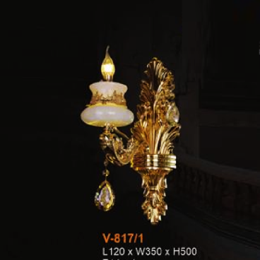 E - V - 817/1: Đèn vách nến, chao đá, hạt Phale K9  - KT: L120mm x W350mm x H500mm - Đèn chân E14 x 1 bóng