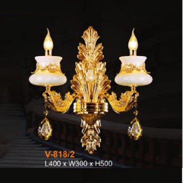 E - V - 818/2: Đèn vách nến đôi, chao đá, hạt Phale K9  - KT: L400mm x W300mm x H500mm - Đèn chân E14 x 2 bóng