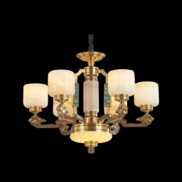 E - CD 181/6: Chùm đồng 6 tay,  Chao đá, khảm xà cừ - KT: Ø700mm  x H550mm - Bóng đèn chân 14x 6 bóng + Đèn LED S