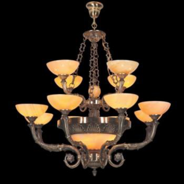 E - CD 189/12: Chùm đồng 12 tay,  chao đá - KT: Ø1000mm x H900mm - Bóng đèn chân E27 x 15 bóng