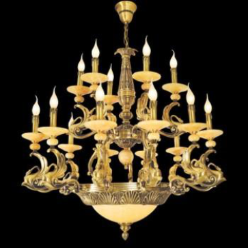 EU - CD - 780/10+5: Chùm đồng 15 tay, chao đá - KT: Ø900mm  x H1000mm - Bóng đèn chân E14 x 15 bóng + E27 x 3 bóng