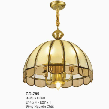 EU - CD - 785: Đèn thả đồng - KT: Ø420mm x H350mm - Đèn chân E27 x 1 bóng + E14 x 3 bóng