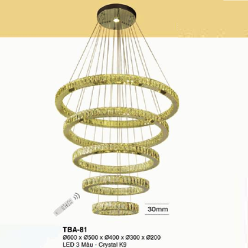EU - TBA - 81: Đèn thả 5 vòng LED Phale K9 - KT: Ø(600 + 500+ 400+300+200)mm - Đèn LED  đổi 3 màu