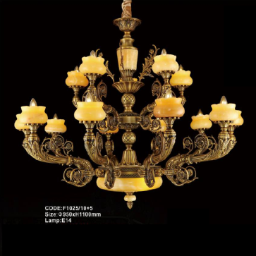 CODE: F1025/10+5:  Đèn chùm đồng 15 tay - KT: Ø950mm x H1100mm - Bóng đèn chân E14 x 15 bóng