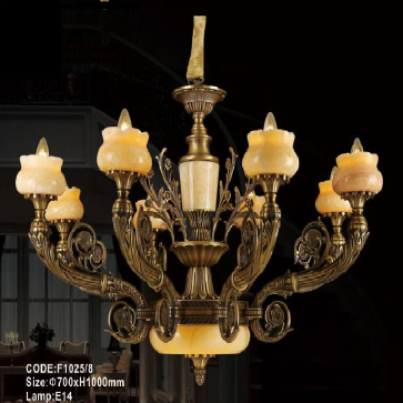 CODE: F1025/8: Đèn chùm đồng 8 tay - KT: Ø700mm  x H1000mm - Đèn chân E14 x 8 bóng