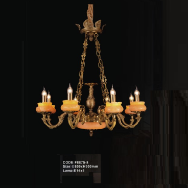 CODE: F8875/8:  Đèn chùm đồng 8 tay - KT: Ø 800mm x H 900mm - Bóng đèn chân E 14 x 8 bóng