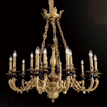 CODE: F8876/10+5: Chùm đồng đá đen 15 tay - KT: Ø1000mm x H1000mm - Đèn chân E14 x 15 bóng