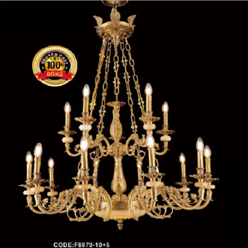 CODE: F8879/10+5:  Đèn chùm đồng 15 tay - KT: Ø1000mm x H1200mm - Bóng đèn chân E14 x 15 bóng