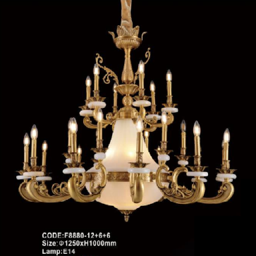 CODE: F8880 /12+6+6: Đèn chùm đồng 24 tay - KT: Ø1250mm x H1000mm - Bóng đèn chân E14 x 24 bóng + bóng đèn chân E27