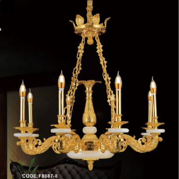 CODE: F8887- 8:  Đèn chùm đồng 8 tay - KT: Ø900mm x H850mm - Đèn chân E14 x 8 bóng