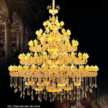 HF - 1766/32+24+18+12+6: Đèn chùm nến chao đá 92 tay - KT: Ø3000mm  x H3000mm +400mm - Bóng đèn nến E14 x 96 bóng