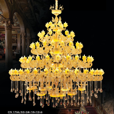 HF - 1766/32+24+18+12+6: Đèn chùm nến chao đá 92 tay - KT: Ø3000mm  x H3000mm +400mm - Bóng đèn nến E14 x 96 bóng