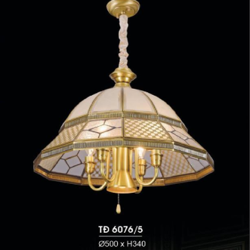 HF - TĐ 6076/5: Đèn thả đồng - KT: Ø500mm x H340mm - Đèn chân E14 x 5 bóng
