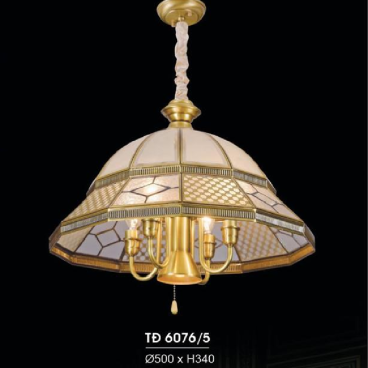 HF - TĐ 6076/5: Đèn thả đồng - KT: Ø500mm x H340mm - Đèn chân E14 x 5 bóng