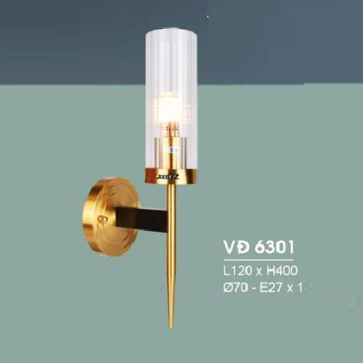 HF - VĐ 6301:Đèn gắn tường đồng 1 bóng chao thủy tinh  - KT: Ø70mm - L120mm x H400mm - Đèn chân E27 x 1 bóng