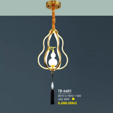 HF - TĐ 6401: Đèn thả đồng - KT: Ø310mm x H540mm +500mm - Đèn LED 42W ánh sáng vàng