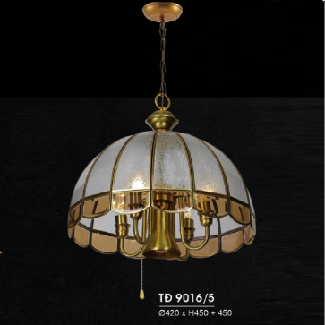HF - TĐ 9016/5: Đèn thả đồng - KT: Ø420mm x H450mm +450mm - Đèn chân E14 x 4 bóng + E27 x 1 bóng