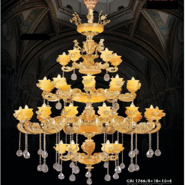 HF - CN 1766/5+15+10+5: Đèn chùm nến chao đá  - KT: Ø1500mm x H2300mm+400mm - Bóng đèn nến E14*35 bóng