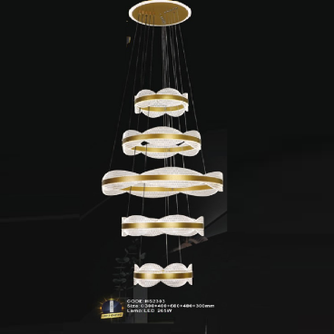 CODE: HS2303: Đèn thả 5 vòng LED  - KT: Ø(300+400+600+400+300)mm - Đèn LED 265W ánh sáng đổi 3 màu