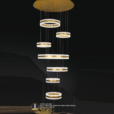 CODE: HS2307: Đèn thả 7 vòng LED  - KT: Ø(400+300+300+600+400+300+300)mm - Đèn LED 320W ánh sáng đổi 3 màu