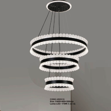 CODE: HS2315: Đèn thả 3 vòng LED Mica - KT: Ø(800+400+300)mm - Đèn LED 176W ánh sáng đổi 3 màu