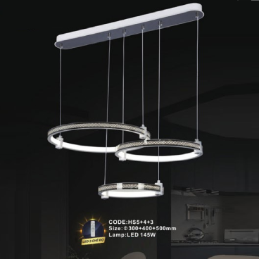 CODE: HS5+4+3: Đèn thả  ngang 3 vòng LED - KT: Ø(300+400+500)mm - Đèn LED 145W ánh sáng đổi 3 màu