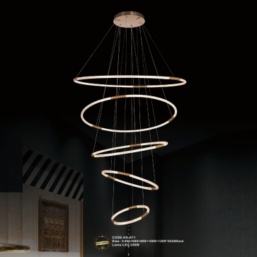 CODE: HS - D11: Đèn thả 5 vòng LED  - KT: Ø(400+600+800+1000+1200)mm x H2500mm - Đèn LED 246W ánh sáng đổi 3 màu