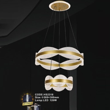 CODE: HS2318: Đèn thả 2 vòng LED Mica - KT: Ø(500+300)mm - Đèn LED 126W ánh sáng đổi 3 màu