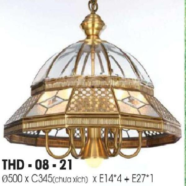 LH - THD 08-21: Đèn thả đồng - KT: Ø500mm*H345mm - Đèn E14*4 bóng + E27*1 bóng( tính riêng)