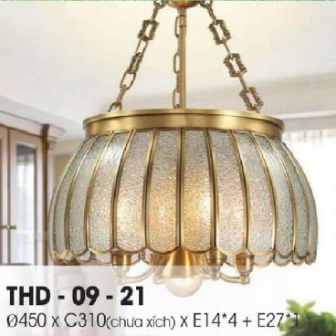 LH - THD 09-21: Đèn thả đồng - KT: Ø450mm*H310mm - Đèn chân E14*4 bóng + E27*1 bóng ( tính riêng)