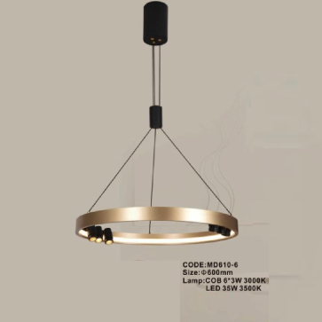 CODE: MD610-6: Đèn thả vòng LED - KT: Ø600mm - Đèn LED COB 6x3W + Đèn LED 35W ánh sáng vàng 3500K