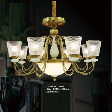 CODE: MZD09/8: Đèn chùm 8 tay, chao thủy tinh  - KT: Ø845mm x H550mm - Đèn LED