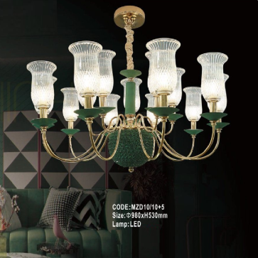 CODE: MZD10/10+5: Đèn chùm 15 tay, chao thủy tinh - KT: Ø980mm x H530mm -  Đèn LED