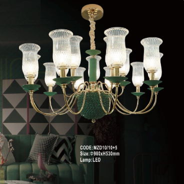CODE: MZD10/10+5: Đèn chùm 15 tay, chao thủy tinh - KT: Ø980mm x H530mm -  Đèn LED
