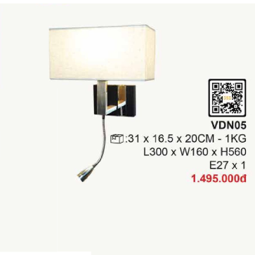 VDN05: Đèn gắn tường chao vải - KT: L300mm x W160mm x H560mm - Bóng đèn E27 x 1