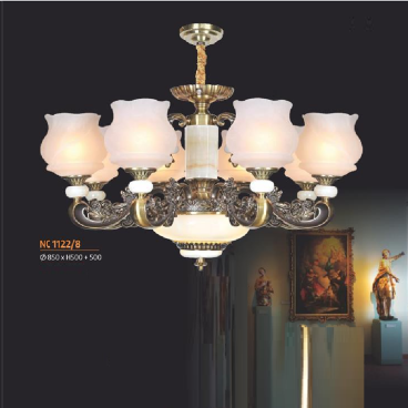 NC 1122/8: Đèn chùm 8 tay -  KT: Ø850mm x H500mm + 500mm - Đèn chân E27 x 8 bóng + Đèn LED