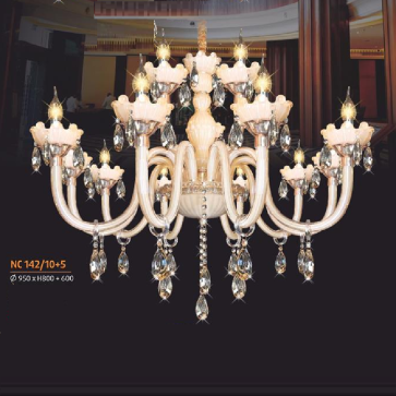 NC 142/10+5:  Đèn chùm nến 15 tay - KT: Ø950mm x H800mm + 600mm - Đèn nến chân E14 x 15 bóng