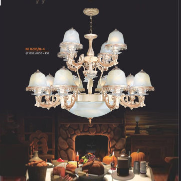 NC 8205/8+4: Đèn chùm 12 tay, chao thủy tinh - KT: Ø1000mm x H750mm + 450mm - Đèn chân E27 x 15 bóng