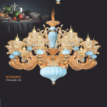 NC 9920/10+5:  Đèn chùm nến 15 tay - KT: Ø950mm x H600mm + 500mm - Đèn nến chân E14 x 15 bóng