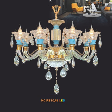 NC 9310/8 LED: Đèn chùm nến 8 tay - KT: Ø800mm x H600mm + 500mm - Đèn nến chân E14 x 8 bóng + Đèn LED